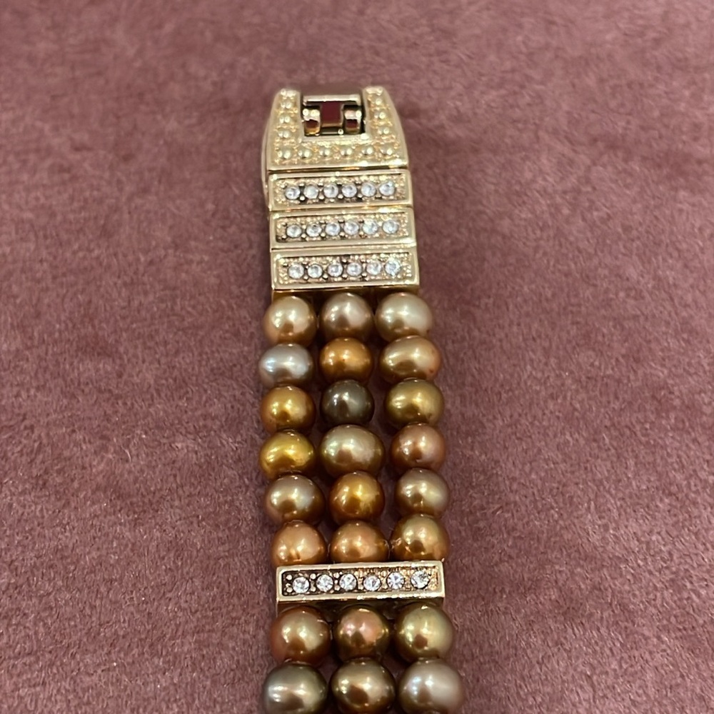 Gold Tone Three Strand Bracelet with Cultured Pearls and Rhinestones - Picture 5 of 16